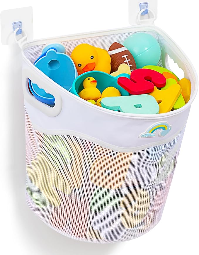 Quick-Fetch Way Mesh Bath Toy Holder, Wide Opening and Large Capacity Bath tub Toy Storage for Easy Access to Toys, Space-Saving Wall-Mounted Bath Toy Organizer, Quick Dry Bathtub Toy Holder