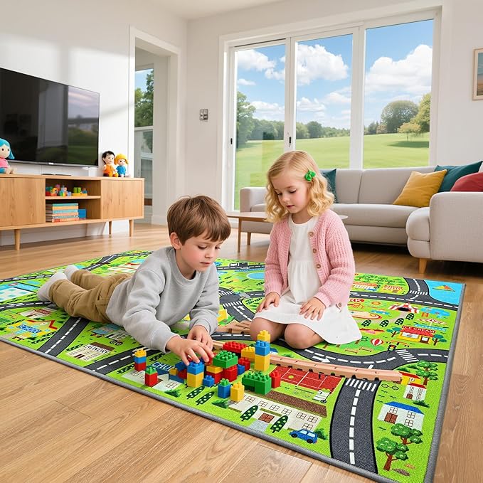Community Kids Car Play Rug - Educational Play Mat Carpet with Fire Station, School, Park & More for Learning and Play, Ideal for Playroom Classroom Bedroom Nursery, 5x7ft