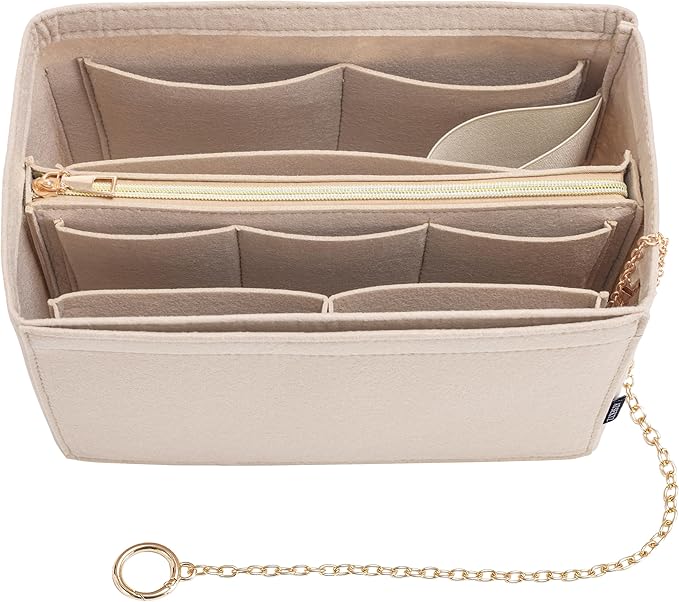 Purse Organizer Insert, Handbag Organizer with Zipper, Tote Shaper with Cup Holder & Keychain, Compatible with LV, Neverfull, MK, COACH, Longchamp, Kate Spade – Beige-Med