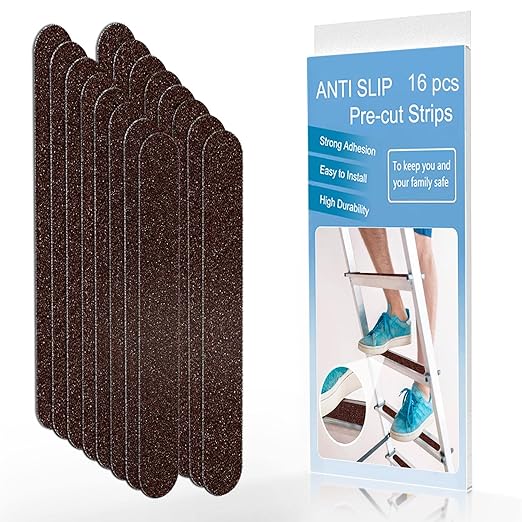 Anti Slip Tape, 16pcs Non Slip Pre-Cut Strips, Treads Safety Non Skid Adhesive Strips for Ladder, Step Stool and Stair (1" x 12", Brown)