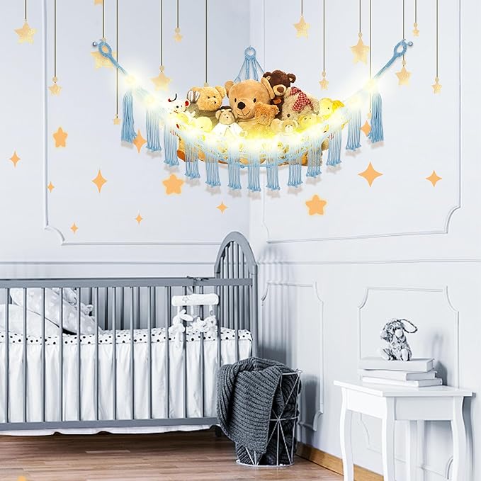 CERETIA Stuffed Animal Hammock with LED Light, Large Stuffed Animals Storage Corner Plushie Net for Kids Room Decor, Baby Blue