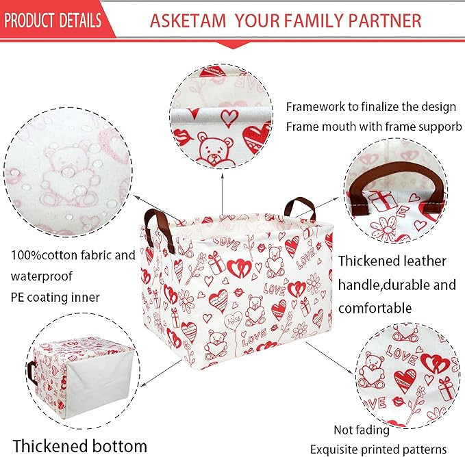 ASKETAM Valentine's Day Basket Gift for Empty Cute Heart Large Storage Bin for Kid and Baby Room Décor (Bear Love)