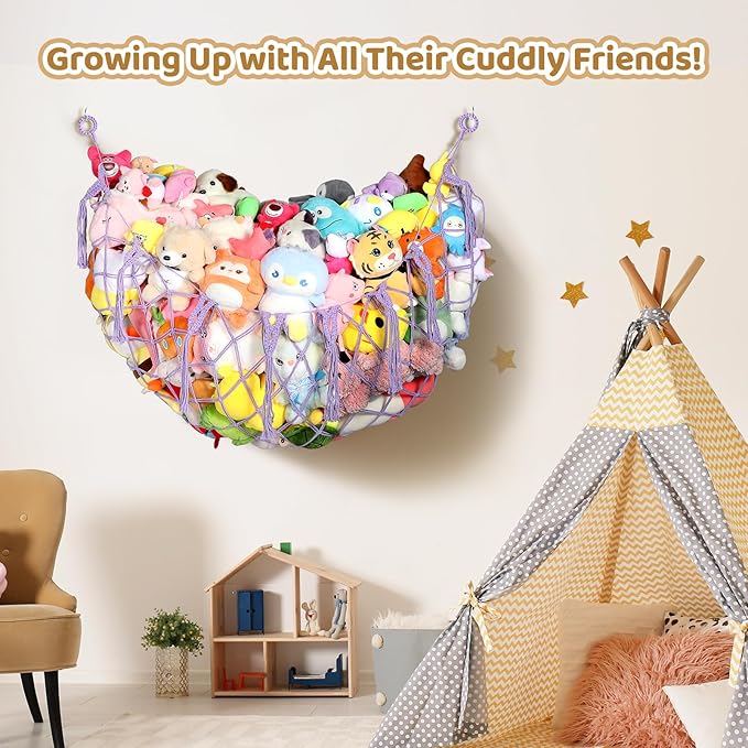 YECAYE Stuffed Animal Net, Room Decor Stuffed Animal Hammock, Upgraded 60 Inch for All Plush Dolls Organizer, Plushies Storage with Fully Handwoven Tassel, Lavender Purple (1 pack) Mesh Bags
