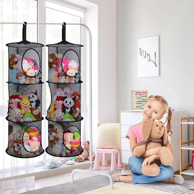 Basumee Stuffed Animals Net or Hammock 2 Pcs Stuffed Animals Storage Toy Net Hammock for Plushies Storage Organizer Mesh Kids Girls Room Decor, Black, 3 Tiers