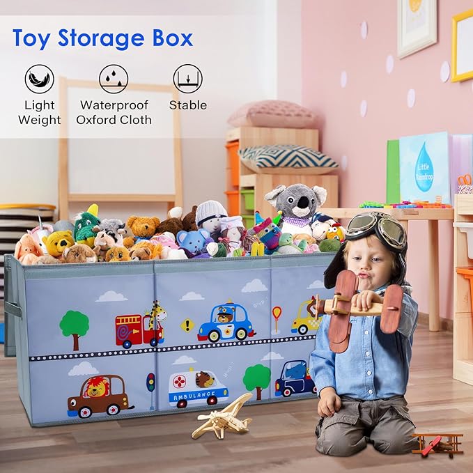 decalsweet Toy Box Chest for Kids, Collapsible Oxford Toy Storage Box with Handles for Boys, Extra Large Sturdy Waterproof Toy Organiser for Bedroom Playroom, 37.7×12.5×15.7 Inch (Animal Cars)