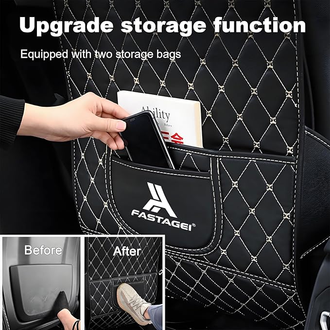 FASTAGEI 2 Pack Universal Car Kick Mats Back Seat Protector with Storage Pockets, Premium Leather Car Seat Back Cover Protector Waterproof Scratch-Resistant Easy Clean