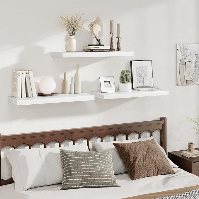 Fun Memories 12 Deep Floating Shelves for Wall | 30W x 12D Large Floating Shelves | 3 Pack Storage Space Wall Mount Shelf for Living Room Bathroom Toilet Laundry Room Kitchen Home Office - White