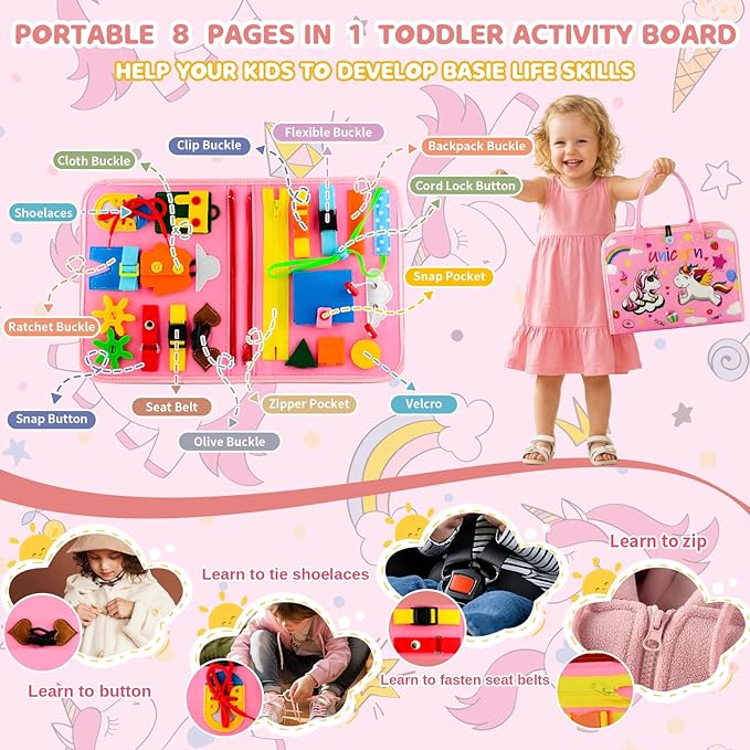 Toddler Busy Board Montessori Toys, Busy Book Educational Learning Toys for Toddler Girls, Activity Book Sensory Toy with Life Skills, Kids Travel Toy for Airplane Car Toddlers Christmas Birthday Gift