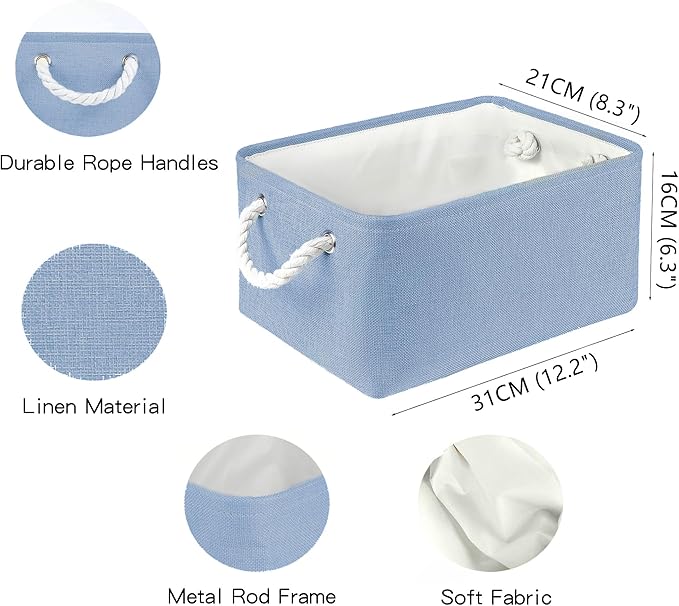 LordCom Storage Bins with Sturdy Cotton Handles(1 Pack), Fabric Storage Baskets for Organizing use for Office & Home, Book, Clothes, Toys, Closet Boxes (Small, Blue, 12.2x8.3x6.3 inches)