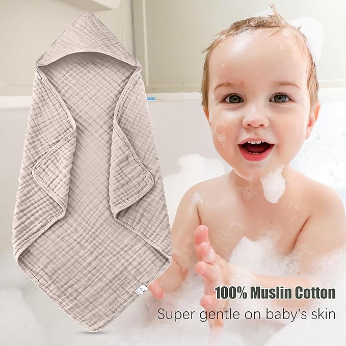 Spotted Play 2 Pack Hooded Baby Towels - 100% Muslin Cotton for Newborns, Infants, Toddlers - Large 32x32 Inch Size - Highly Absorbent and Essential for Newborn Care, Light Bean Paste