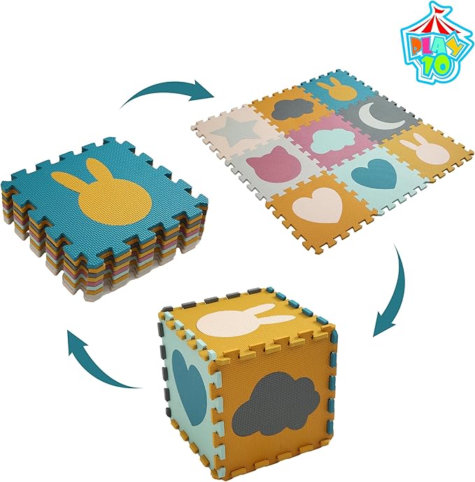 PLAY 10 Baby Play Mats for Floor, Foam Baby Play Mat, Foam Play Mats Shapes Puzzle Mat 9 Pieces