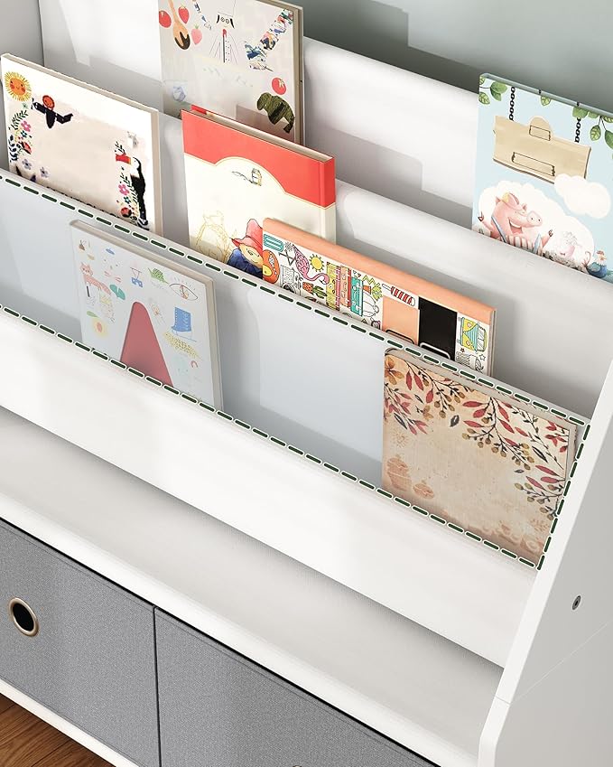 CHOEZON Kids Bookshelf and Toy Storage, 4 Tier Large Capacity Kids Book Rack, Sling Kid Bookcase, for Kids Room, Nursery, Playroom, White and Gray MCW06WT