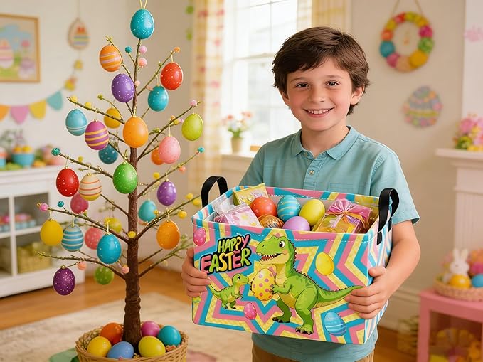 Essme Rectangular Easter Dinosaur Baskets,Kids Storage Basket with Handles for Boys Room Decor, Boys Box,Cute Storage Bin（Easter dinosaur）