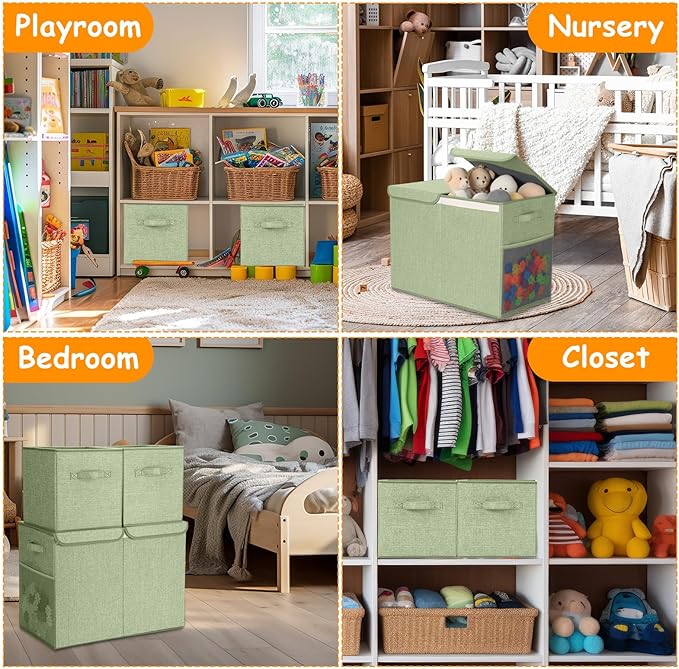 Fiwochic 3 Pack 23" Large Toy Storage Box with 11" Cubes Bins, Collapsible Toy Organizer Chest with Lids for Kids Nursery Playroom Bedroom Living Room Christmas Ornament Storage Box(Green)