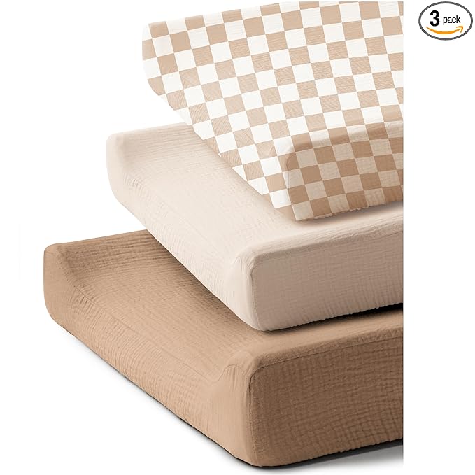 3 Pack Muslin Changing Pad Covers for Girl Boy, 100% Soft Cotton Changing Table Cover, Breathable Baby Nursery Diaper Chang Pad Sheets (Milky Coffee)