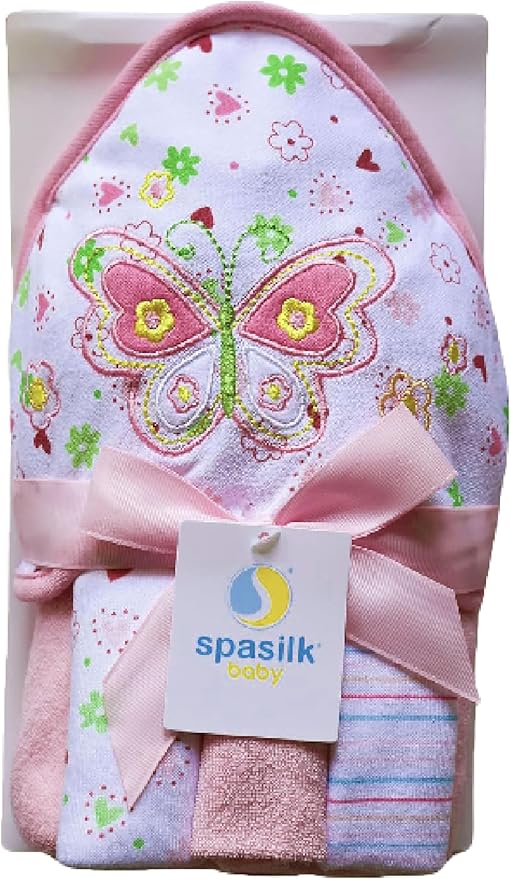 Spasilk Hooded Bath Towel and Washcloths Set for Newborns, 1 Soft Terry Baby Towel and 3 Baby Washcloths, Baby Essentials, Ideal, One Size, Pink Butterfly