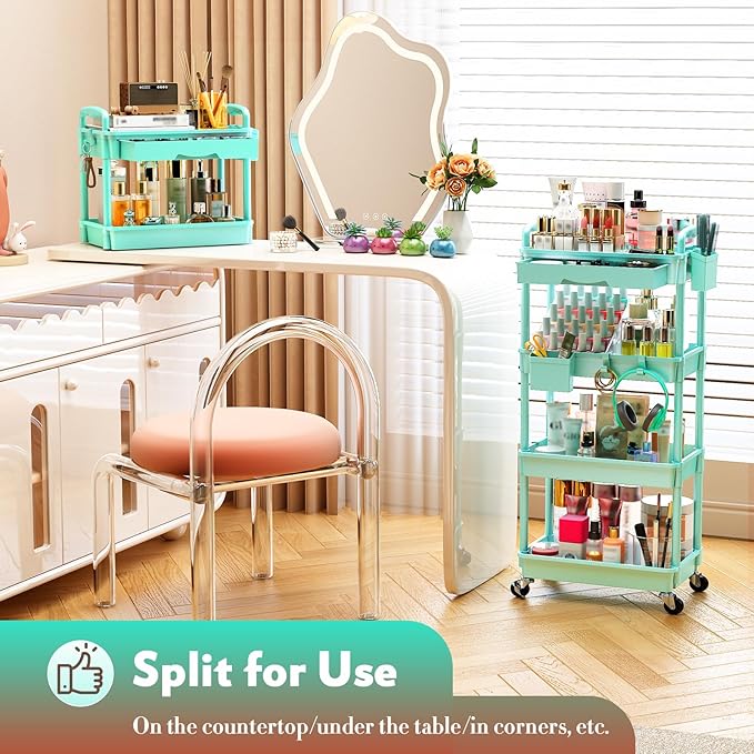 Makeup Cart Organizer with Drawers, 4 Tier Floor Skincare Organizers for Vanity, Rolling Makeup Bathroom Storage Cart Cosmetics Display Cases for Skin Care Perfume Nail Polish, Blue