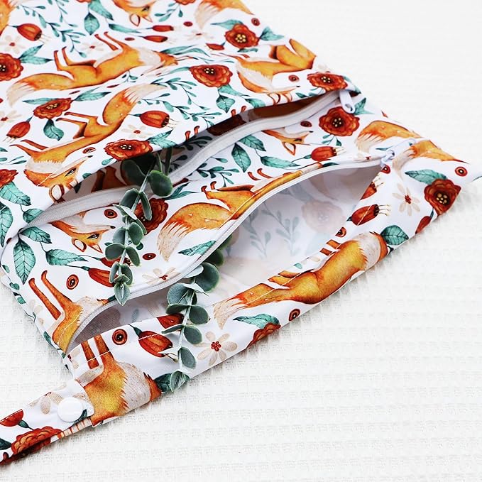 Asenappy 2pcs Cloth Diaper Wet Dry Bags Waterproof Reusable with Two Zippered Pockets Travel Beach Pool Daycare Soiled Baby Items Yoga Gym Bag for Swimsuits or Wet Clothes (FOX)