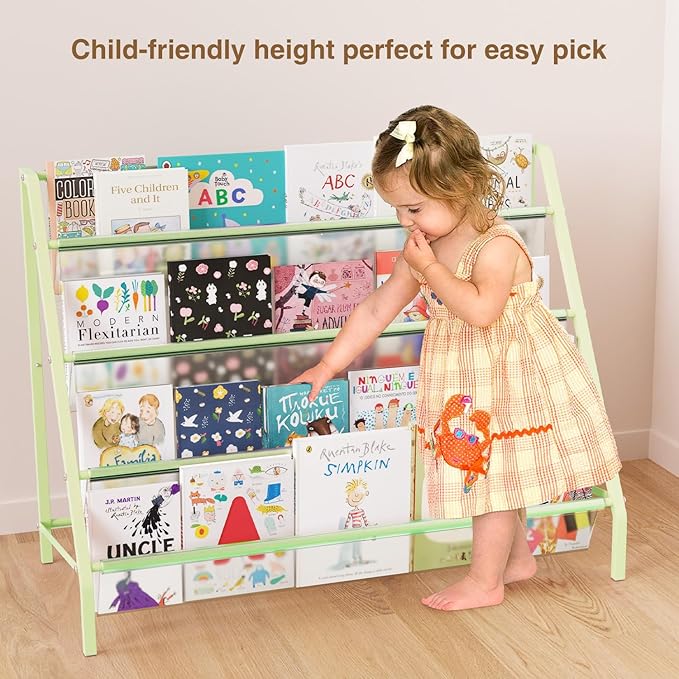 High-Transparent 4 Tier Kids Bookshelf, Sturdy Metal Large Size Book Rack Storage for Kid - Toddler Book Shelf Display for Nurasery, Playroom or Kids Room, Bookshelf Hold More Books - Green