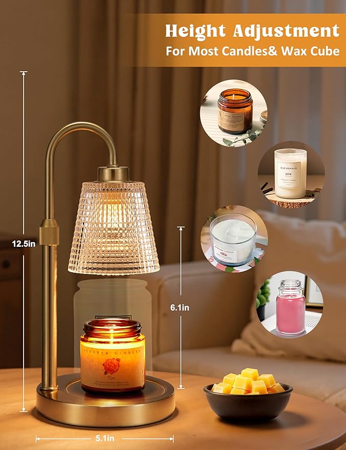 Innqoo Gold Candle Warmer Lamp with Timer, Dimmable Candle Warmer for Jar Candles, Height Adjustable Wax Melts Warmer, Birthday Gifts for Women Mom, House Warming Gifts New Home Decor