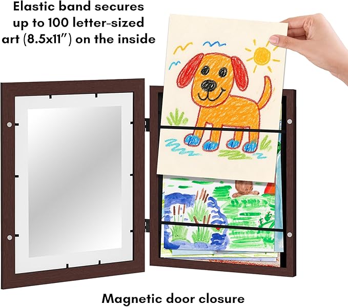Americanflat Kids Artwork Frame Changeable (Mahogany) - Magnetic Door Holds 100 Art Pieces - 8.5x11 Letter Size Display with Mat or 10x12.5 Without Mat - My Mini Masterpiece