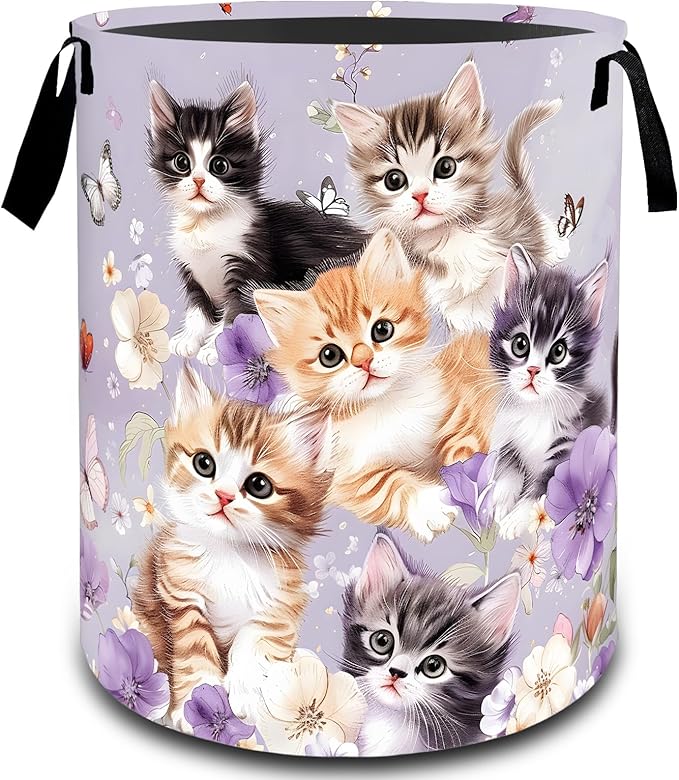 VODRM Cute Kitten and Butterfly Laundry Basket, Dirty Collapsible Clothes Toy Organizer Hamper for Kids Adults, Oxford Cloth Waterproof Storage Bin for Bedroom Bathroom Home Decor Gifts, 19.7"X15.7"