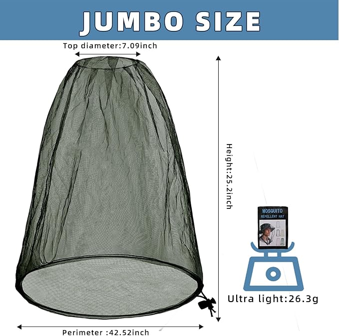 2 Pack Ultra Large Mosquito Net 42x25 Inches Mosquito Head Net Oversized Insect Netting Bug Fits Most Hats for Gardening Hiking Fishing Traveling(Army green)