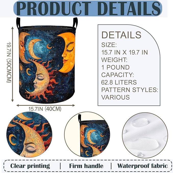 Sun and Moon Laundry Basket Hamper 19.7"x15.8", Celestial Foldable Waterproof Oxford Clothes Storage Bucket for Room Bathroom Bedroom Nursery Decor, Toy Organizer Bins Gifts for Kids Boys Girls