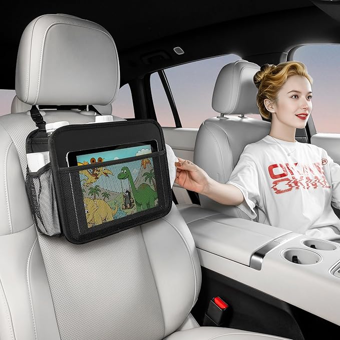 Uplien Car Organizer Bag for Back Seat Front Seat or Between Seats Premium PU Leather Hanging Storage Caddy with Tablet Holder Tissue Box Cup Bottle Holders Mesh Pockets for Kids Adults