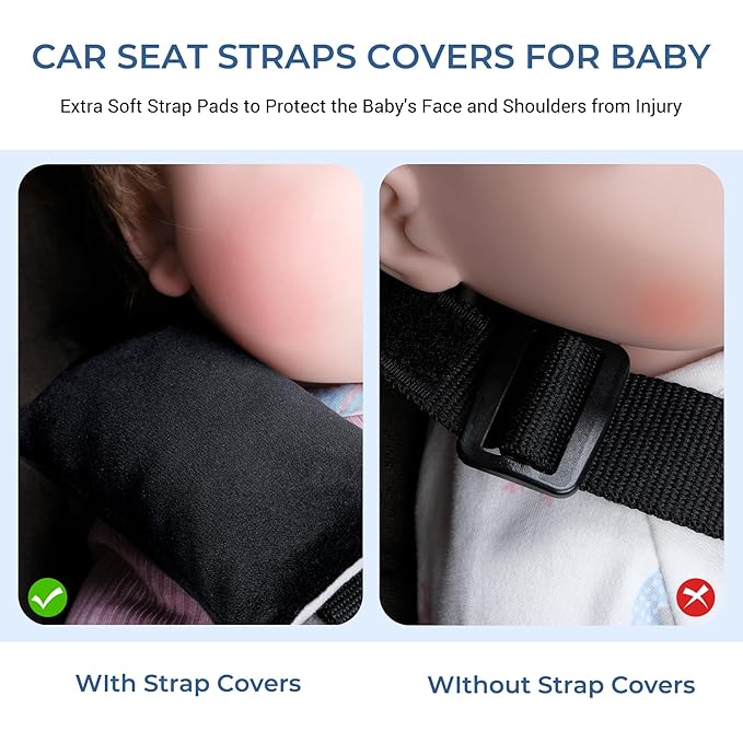 COOLBEBE Car Seat Straps Shoulder Pads for Baby Kids, Super Soft Seat Belt Covers for All Car Seats/Pushchair/Stroller/High Chair（Black/Grey