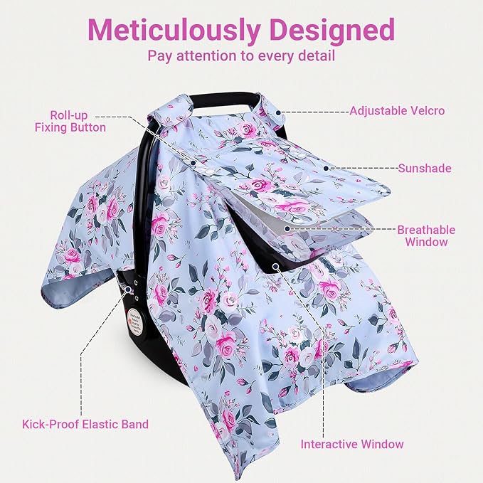 Car Seat Cover Baby, Carseat Covers Baby with 2 Layers Breathable Windows, Windproof Infant Car Seat Cover, Kick-Proof Baby Carrier Cover for Baby Girl Newborn Essentials