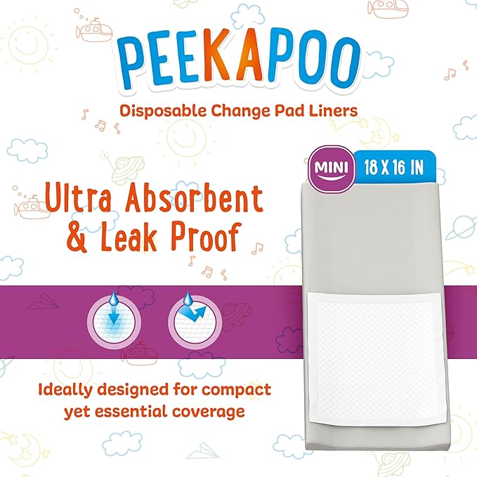 Peekapoo Mini – 25 Pack Disposable Changing Pads for Baby (18 Inches x 16 Inches) Disposable Waterproof Liners, Diaper Changing Pad Protector Mat