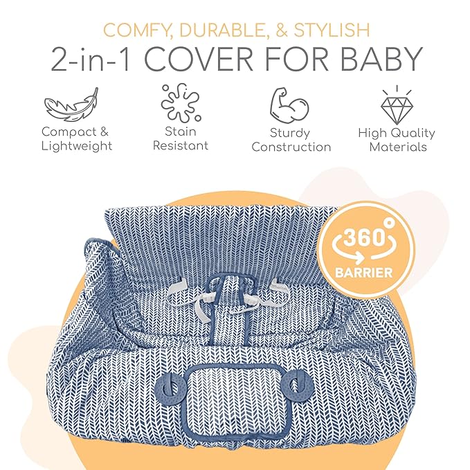 Binxy Baby 2-in-1 Cushy High Chair Cover and Shopping Cart Cover for Baby, Comfortable Cover for Grocery Cart, Universal Fit Cart Cover for Babies, Includes Storage Pouch - Blue Little Arrows