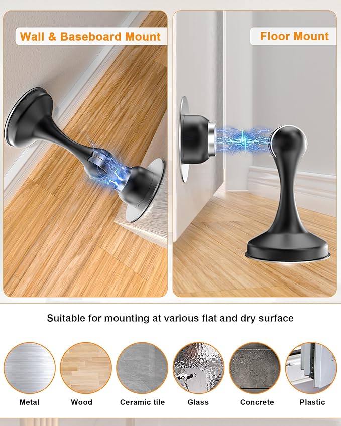 Crosize Magnetic Door Stoppers 6 Pack, Stainless Steel Door Stops for Wall and Floor Mounting, Door Holder Keep Door Open, No Drilling Door Stop with 3D Adhesive Tapes, Black