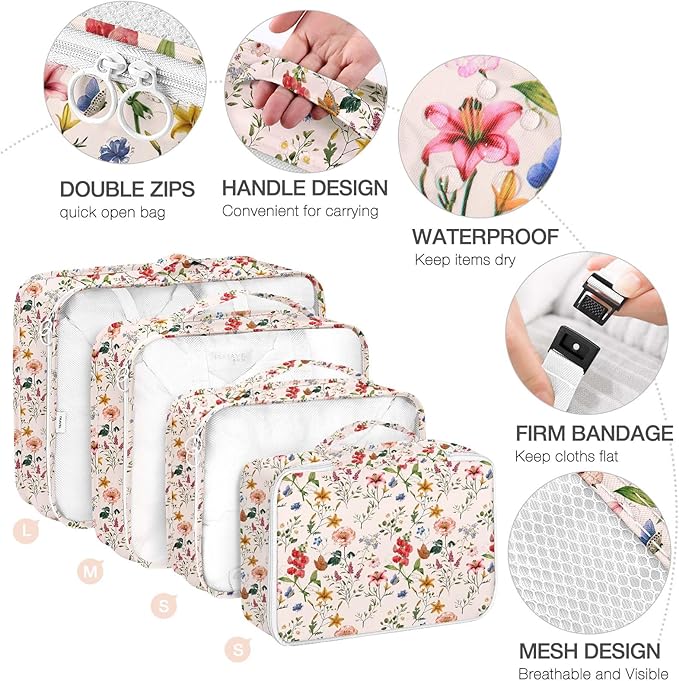 8 Set Packing Cubes for Suitcases, Packing Cube with Shoe, Cosmetics, Clothing, and Accessories Bags for Travel Luggage Organizer Women Men(Retro Flowers)