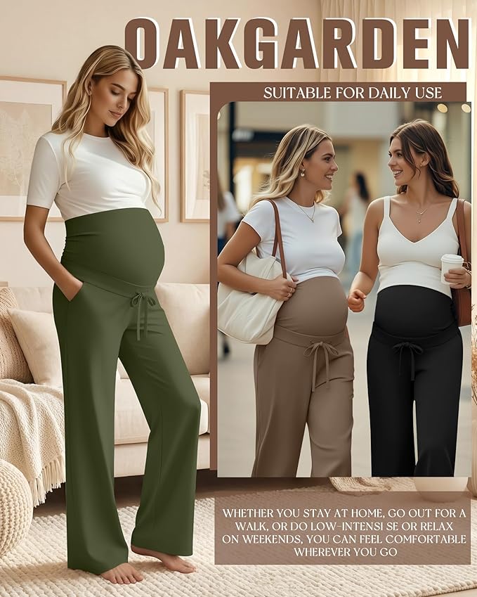 3 Pcs Maternity Sweatpants Over The Belly Pregnancy Straight Wide Leg Elastic Drawstring Pants Joggers with Pockets