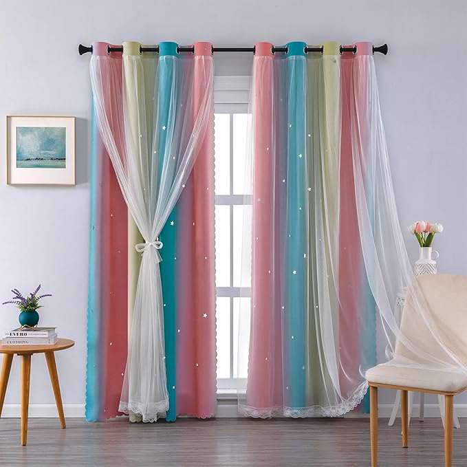 XiDi Rainbow Blackout Curtains 96 Inches Long for Girls Bedroom 2 Panels Set, Kids Pink Curtains for Room Decor Unicorn Wall Decals Drapes for Little Girl Nursery Pink Blue Yellow 34 Inches Wide