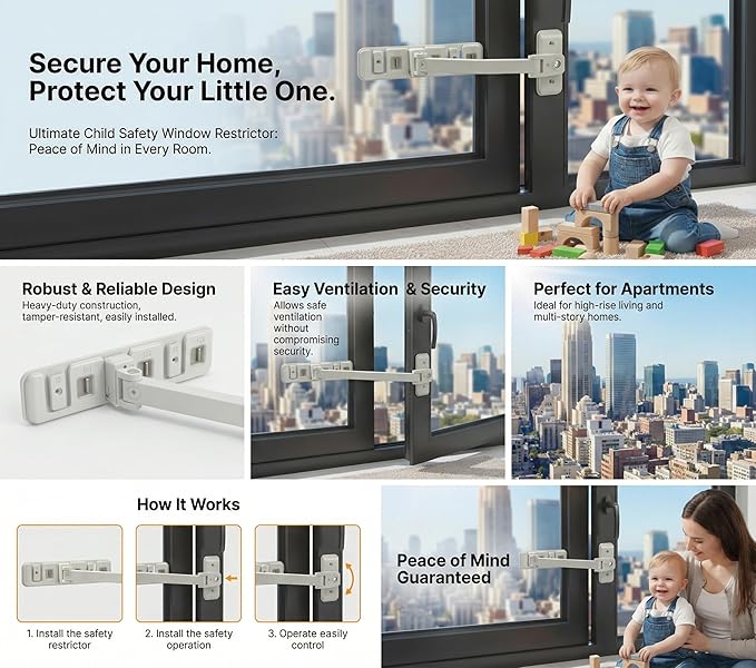 Premium Child Safety Locks – Adjustable, No-Drill & Easy-Install Home Safety Kit – Window Restrictor Lock