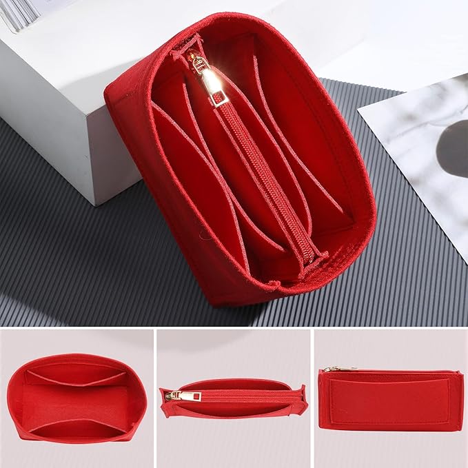 Doxo Premium Felt Purse Organizer Insert, 7 Compartments with Removable Zipper Pocket | Small Purse Organizer Fits LV Speedy 20, Noé BB, Mini Ophidia Tote, Groove 20 & More Bag Organizer Insert (Red)