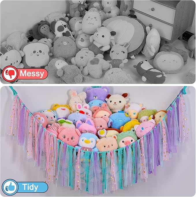 FIOBEE Stuffed Animals Net or Hammock with LED Light, Toy Hammock Hanging Stuffed Animals Storage Organizer Holder Room Décor for Nursery Kids Bedroom