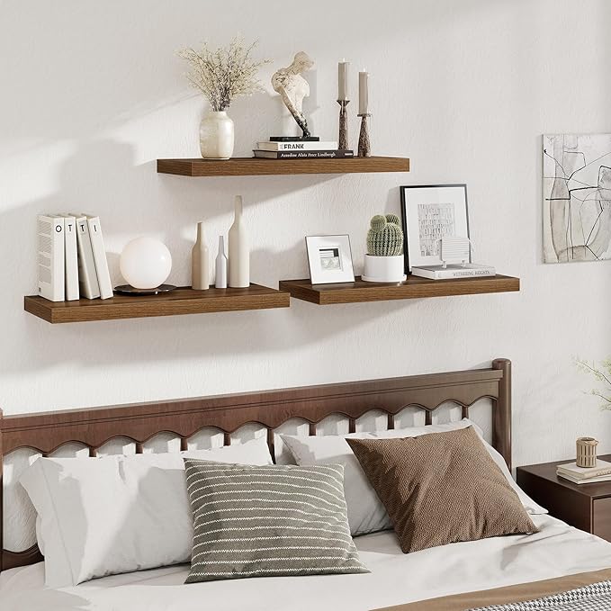Fun Memories Deep Floating Shelves, 32W x 12D Walnut Wall Shelves, 32 Long Rustic Wood Wide Storage Shelves for Bedroom, Kitchen, Farmhouse, Laundry Room, Bedroom, Kitchen, Home Office- Set of 3