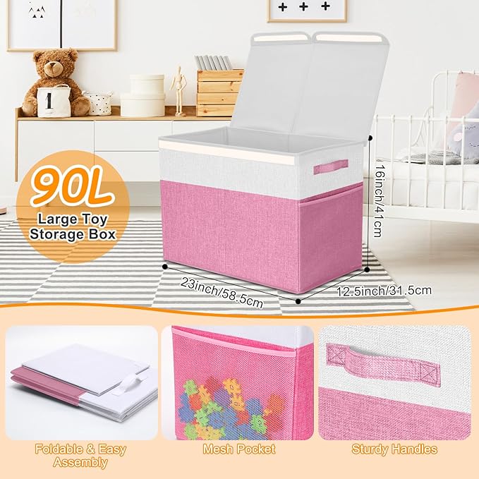 Fiwochic 3 Pack 23" Large Toy Storage Box with 11" Cubes Bins, Collapsible Toy Organizer Chest with Lids for Kids Nursery Playroom Bedroom Living Room Christmas Ornament Storage Box(Pink White)