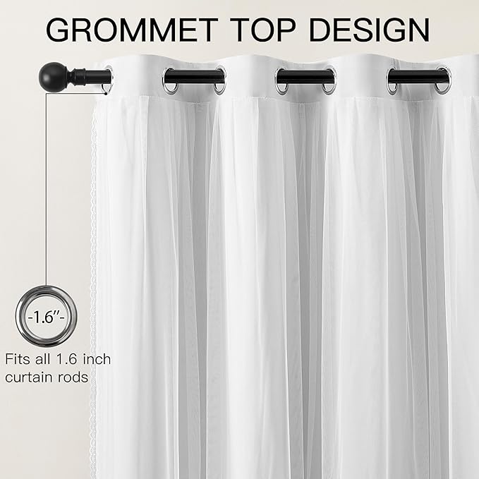 XiDi White Blackout Curtains with Sheer Overlay for Bedroom 63 Inches Long 2 Panels 100% Black Out Double Layer Curtains Thermal Insulated Room Darkening Grommet Short Drapes Greyish White 52W x 63L