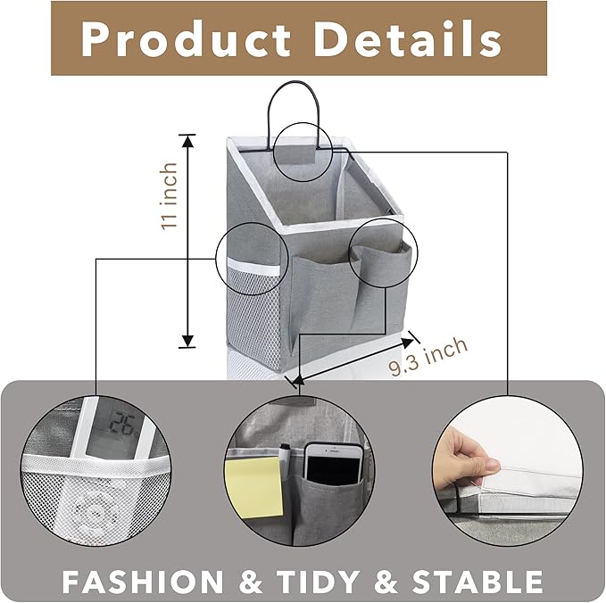 3pcs Wall Hanging Organizer Bag, Linen Fabric Door Hanging Storage Basket with Pockets, Waterproof Bin for Kitchen, Bedroom, Office, RV Camper (Gray)