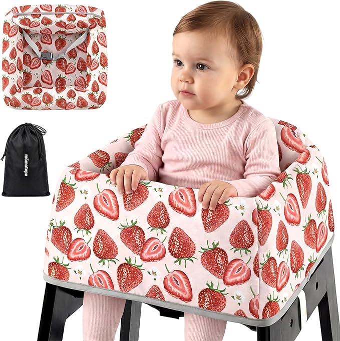 Mamatepe Baby High Chair Cover with Strap Pads & 2-Point Harness - Machine Washable, Waterproof, Portable for Restaurant/Travel/Home - Fits Wooden High Chairs, Red Strawberry