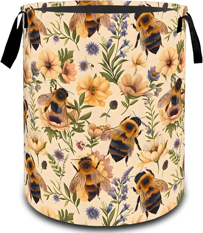 VODRM Bee Floral with Daisy Laundry Basket, Dirty Collapsible Clothes Toy Organizer Hamper for Kids Adults, Oxford Cloth Waterproof Storage Bin for Bedroom Bathroom Home Decor Gifts, 19.7"X15.7"