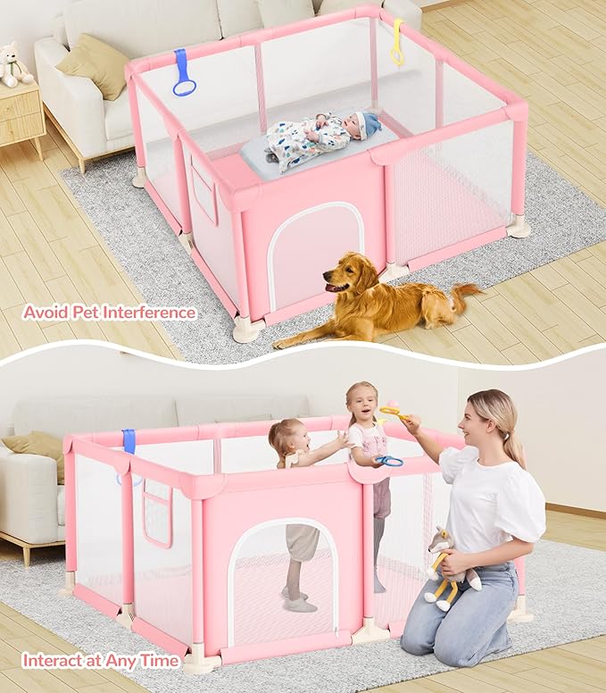 Dripex Baby Playpen, 52×52 Inch Small Playpen for Babies, Enhanced Safety Baby Play Yard for Indoor & Outdoor, Infant Play Pen with Soft Breathable Visible Mesh, Anti-Fall Design & Easy Setup, Pink