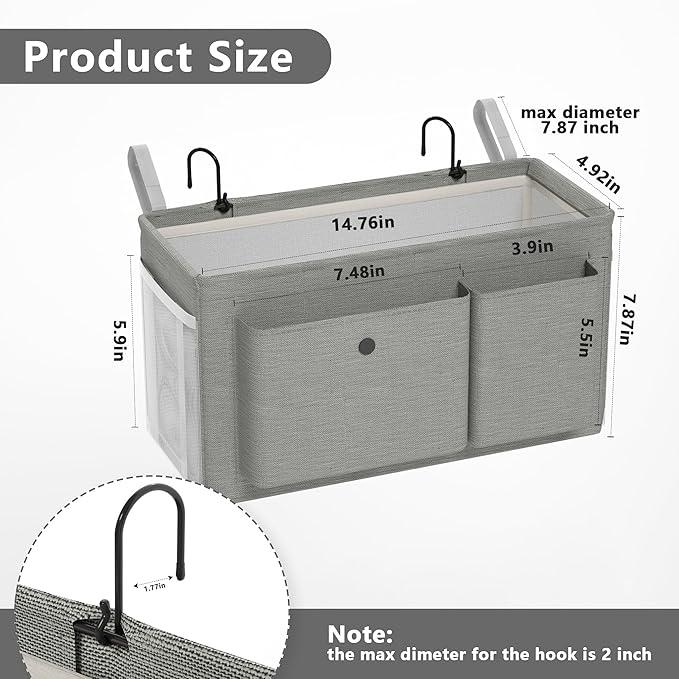 Edudif Bedside Caddy Bedside Organizer with Fixed Straps & Water Bottle Holder, Bunk Bed Caddy ideal for Home, Dorm, Hospital, Crib, Versatile Bedside Storage Solution (Grey)