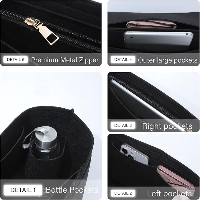 Premium Felt Purse Organizer Insert for Longchamp Le Pliage S, Zipper Long Champ Bag Organizer Insert with Cup Holder, 9 Compartments(Beige, Small)
