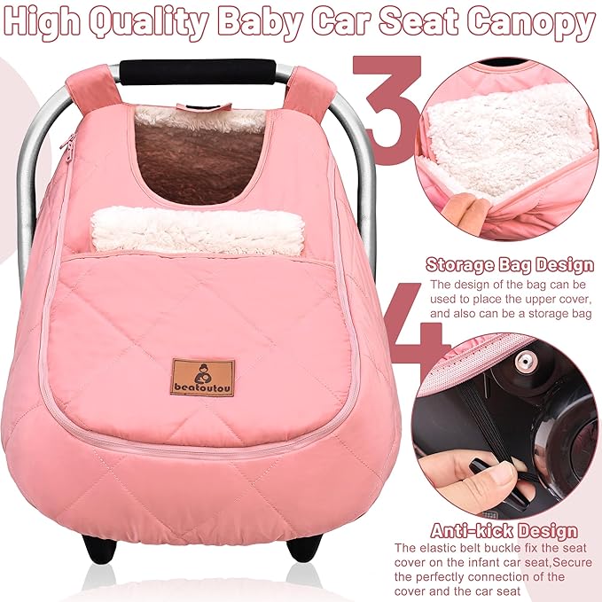 Winter Baby Car Seat Cover, Waterproof Winter Infant Carseat Canopy for Girls, Cold Weather Warm Car Seat Covers for Babies, Keeps Babies Warm and Cozy (Pink)